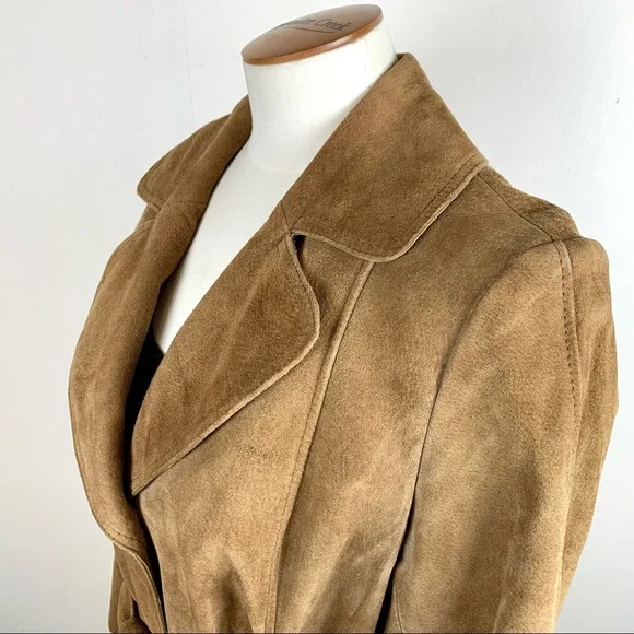 70s Suede Belted Trench Coat Double Breasted Brown Womens Medium